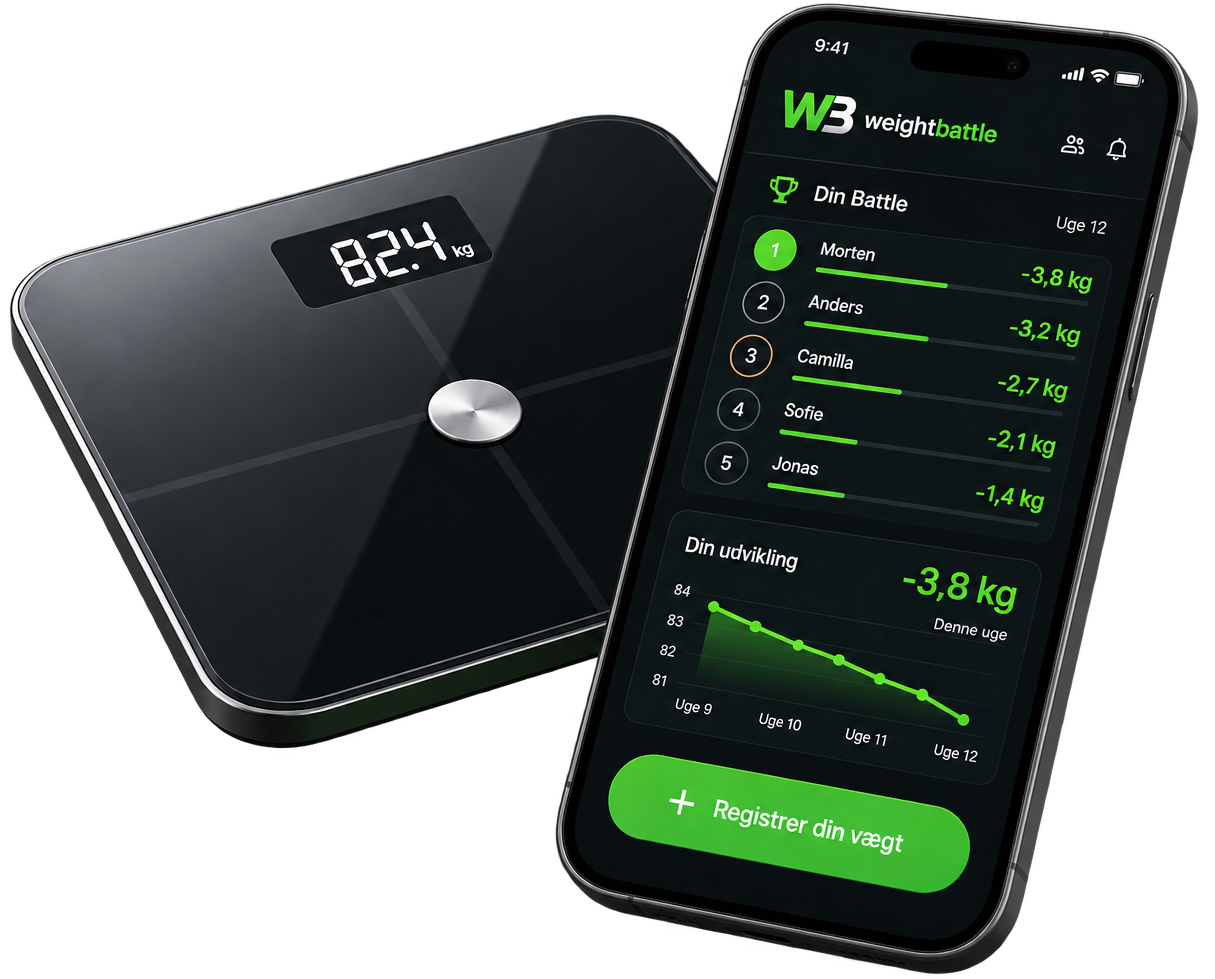 WeightBattle på en telefon ved siden af en digital vægt